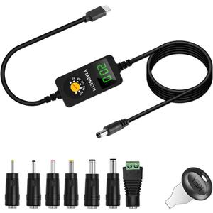 Universal USB C to DC Adapter, Barrel PD Trigger Cable, USB-C to DC 5V 9V 12V 15V 20V Adapter Cable with LED Display, for Netbook, Tablets, Led Light, Lamps, Routers