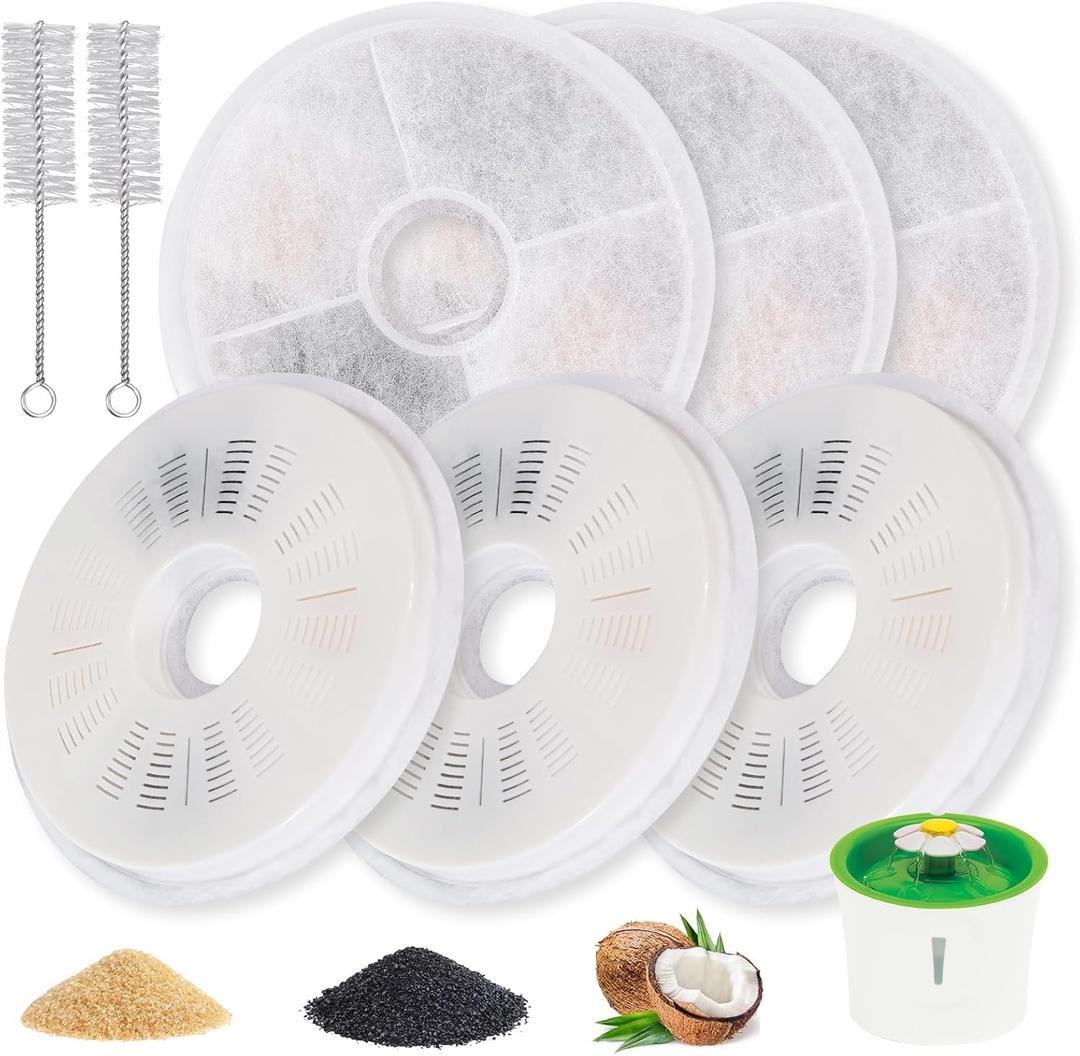 6-Pack Cat Water Fountain Replacement Filters for Catit 3L Flower Fountain, Triple Filtration with Activated Carbon & Ion Exchange Resin, Soft Water & Urinary Health Support