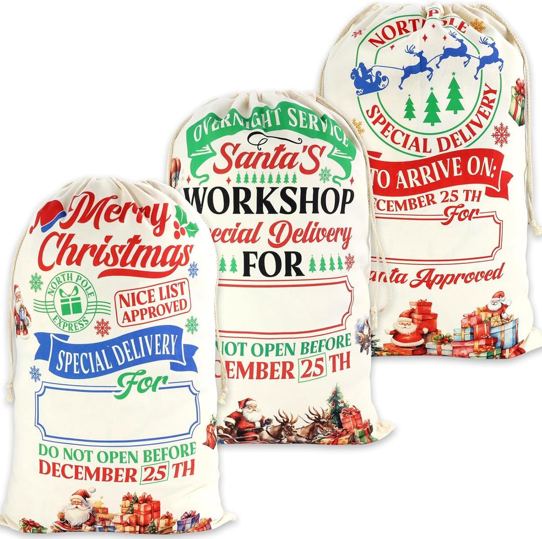Fancy Land 3 Pack Large Christmas Canvas Gift Bags with Drawstring Jumbo from Santa Sacks Giant North Pole Express Bag for Holiday Presents Party Decor Supplies