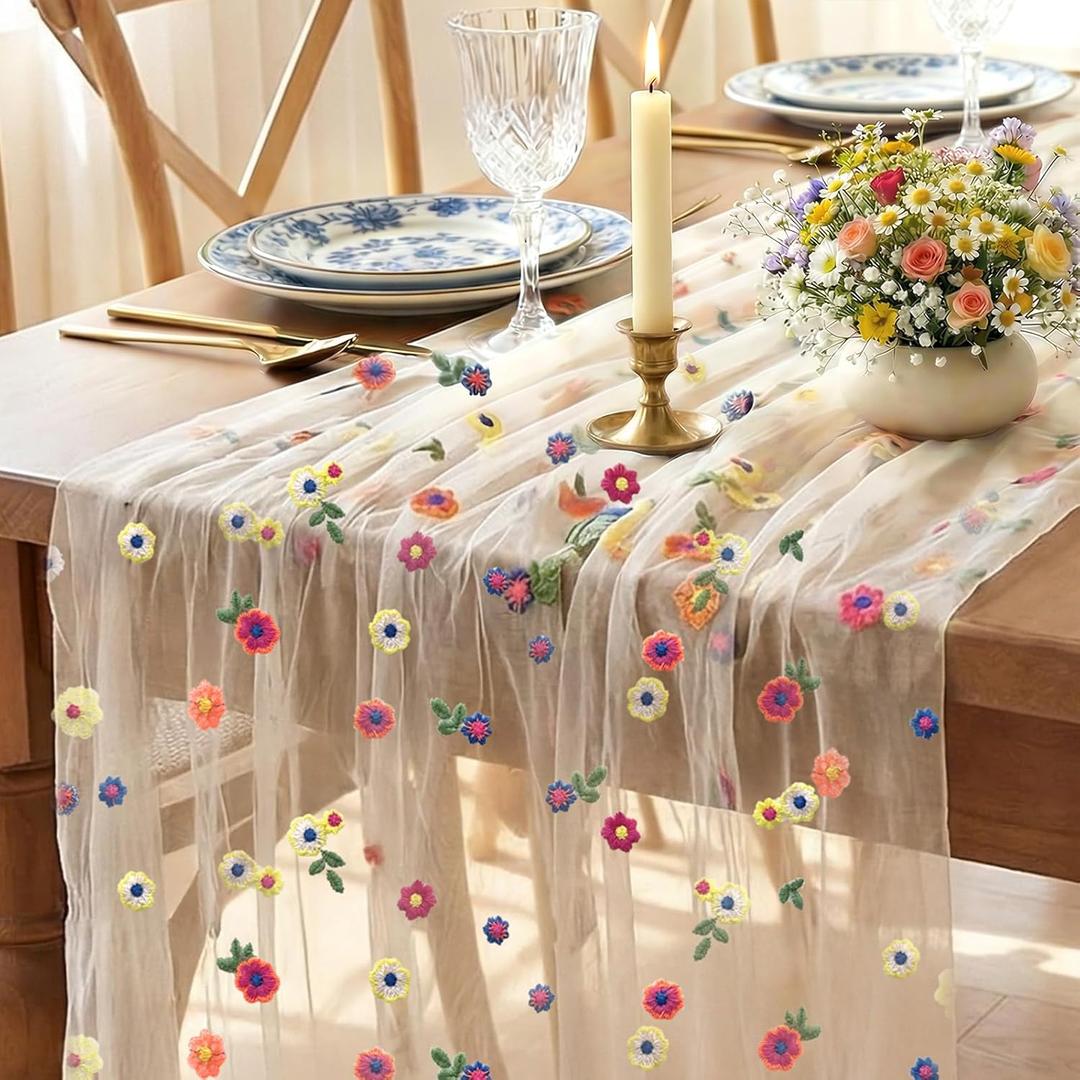 AerWo Champagne Floral Table Runner, 10FT Lace Embroidery Daisy Sheer Chiffon Spring Table Runners 120 Inches Long, Tulle Fabric Table Decorations for Party Holiday Dining Wedding Shower Decorations (1PCS)