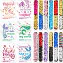 Hanaive 24 Pack Valentines Day Mermaid Sequin Slap Bracelets for Kids with 24 Mermaid Cards Reversible Sequins Slap Bracelets Wristbands for Valentines Undersea Birthday Party Favor Classroom Prizes