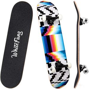 WhiteFang Skateboards for Beginners, Complete Skateboard 31 x 7.88, 7 Layer Canadian Maple Double Kick Concave Standard and Tricks Skateboards for Kids and Beginners (Testing)