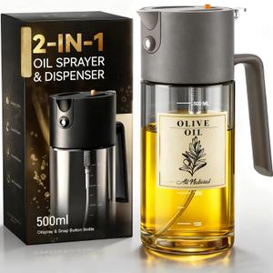 500ml/17oz Olive Oil Sprayer for Cooking, 2 in 1 Large Glass Oil Dispenser Bottle for Kitchen Gadgets, Even Spray with Portion Control for Air Fryer, Salad, BBQ - Grey