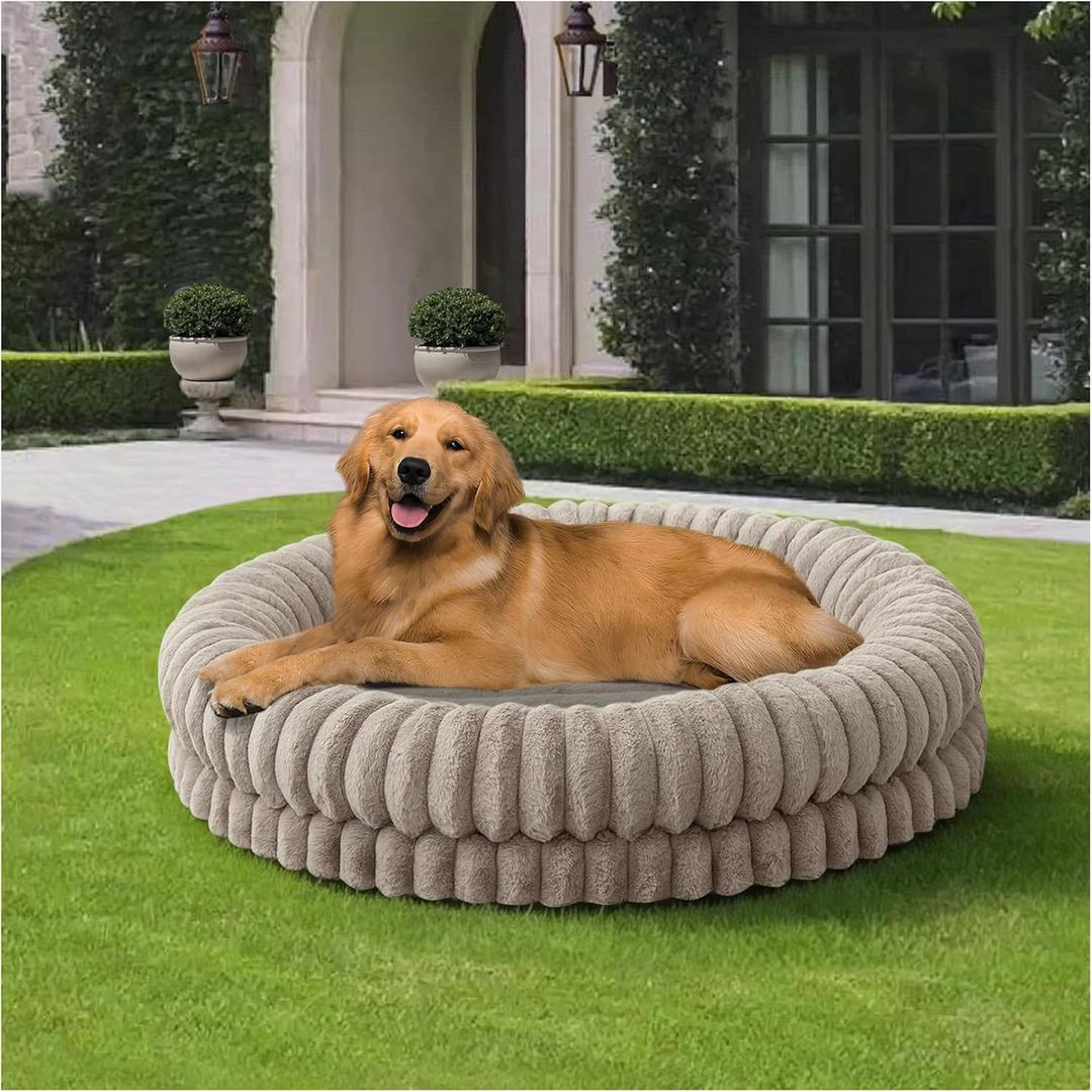 BALANCE Luxury Donut Dog Bed, 43 Inches Round Dog Beds Large Sized Dogs Washable, Orthopedic Calming Dogs Bed for Pets with Anti-Slip Bottom, Oatmeal