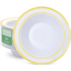 30 PCS Plastic Bowls with Gold Rim,12oz Disposable Soup Bowls,Premium Heavy Duty Plastic Dessert Salad Bowls for Home Wedding Dinner Party Halloween