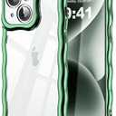 SKYLMW Compatible with iPhone 15 Case, Kawaii Cute Curly Wave Frame Luxury Plating Edge, Stylish Glossy Clear Back, Soft TPU Shockproof Protective Cases for iPhone 15, Green