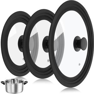 Ptwola 3PCS Universal Pot Lids for Pans and Skillets, Tempered Glass Replacement Cast Iron Frying Pan Cover with Heat Resistant Silicone Rim, Fits All 6" to 12" Diameter Cookware