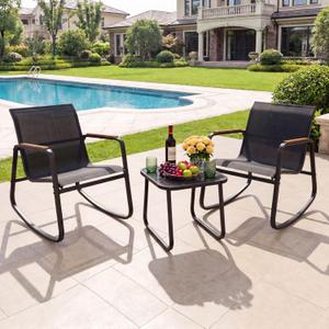 YITAHOME 3 Piece Outdoor Rocking Bistro Set, Textilene Patio Furniture Set with Wooden Armrests, Porch Chairs Set with Glass Table for Garden, Lawn, Poolside, Balcony, Dark Gray