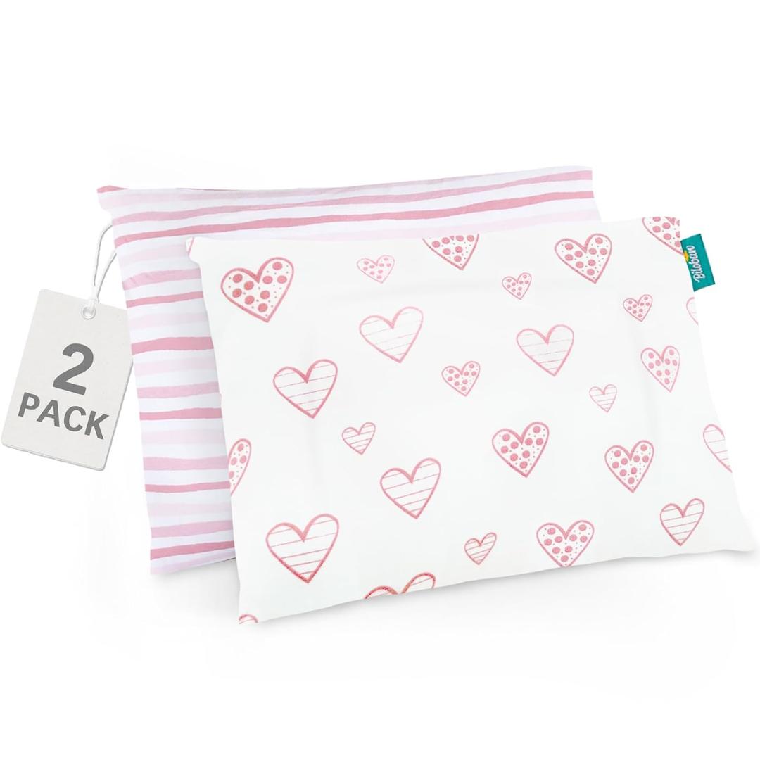 Biloban Organic Cotton 2 Pack Kids Toddler Pillowcase for Children Toddler Pillows 13"x 18" or 14"x19", Envelope Travel Toddler Pillow Cover Case (Pink Print)