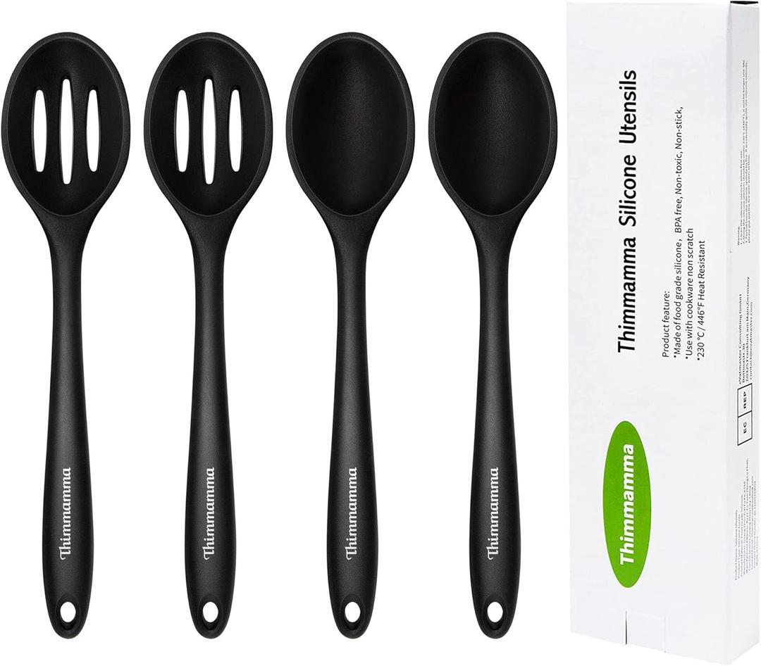 Silicone Cooking Spoon, Nonstick Kitchen Spoons for Cooking, Slotted and Solid Serving Spoon Heat Resistant, Silicone Mixing Spoons Basting for Nonstick Cookware, 4 Pack