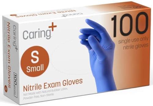 Caring Nitrile Exam Gloves, Blue, Powder-Free, Disposable Gloves for Medical Care, First Aid, Cleaning, Food Prep S