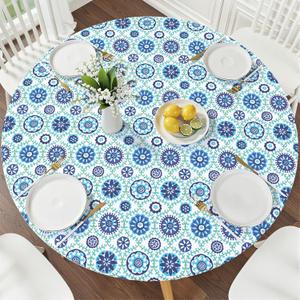 Smiry Round Picnic Tablecloth, Waterproof Elastic Fitted Table Covers for 45" - 56" Tables, Wipeable Flannel Backed Vinyl Tablecloths for Camping, Indoor, Outdoor, Navy & Green