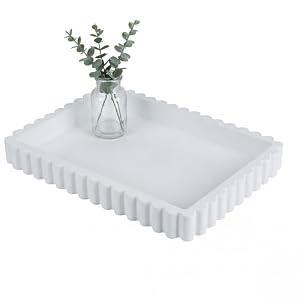 Ferrochef Large White Decorative Tray for Coffee Table Decor 14" x 10" Wooden Rectangle Tray Handmade Ottoman Centerpiece with Scalloped Edge Housewarming Gift for Kitchen Counter Vanity Farmhouse