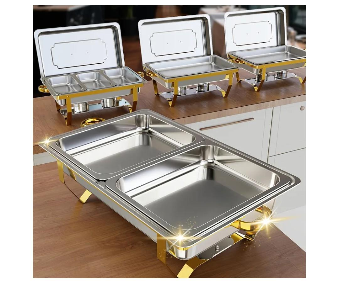 Chafing Dish Buffet Set 4 Pack, 9.5 QT Stainless Steel Chafing Dishes for Buffet Elegant Gold and Silver Colors Catering Chafer Warmer Set with Full,Half,1/3 Food Pan, For Parties Wedding