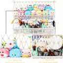 2 Tier Stuffed Animal Storage Shelf Net, 35x30'' Large Plushie Net w/ 2.4/1'' Dense Mesh for Mini Medium Stuffy Teddy, Beige Boho Macrame Toy Holder Display w/ Lights&Clips for Nursery Kid Girl Boy, Large-2 Tier-35'' Width