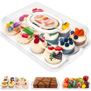 NPLUX Cupcake Containers with Lid Rectangular Cake Carrier 3-in-1 Multipurpose Cupcake Holder for Muffins Pies Sweets Pastries Fruit or Snacks (White, 13" x 9" x 4")