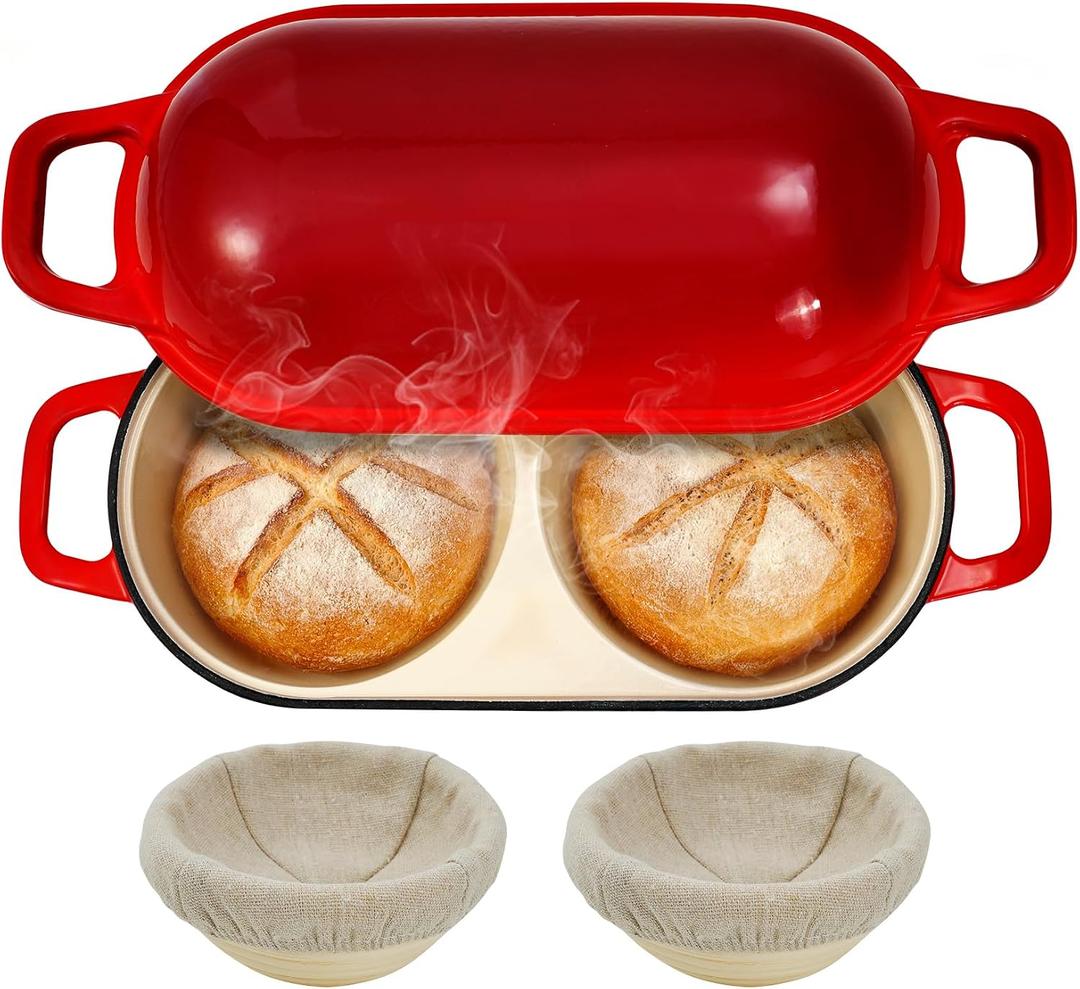 Mini Double Dutch Oven for Sourdough Bread Baking – Enameled Cast Iron Bread Pan with Lid, 500°F Oven Safe Non-Stick, Dual Round Loaf Space (6inch Diameter), Bake Two Different Loaves at Once, Includes 2×5" Banneton Proofing Baskets (Red)