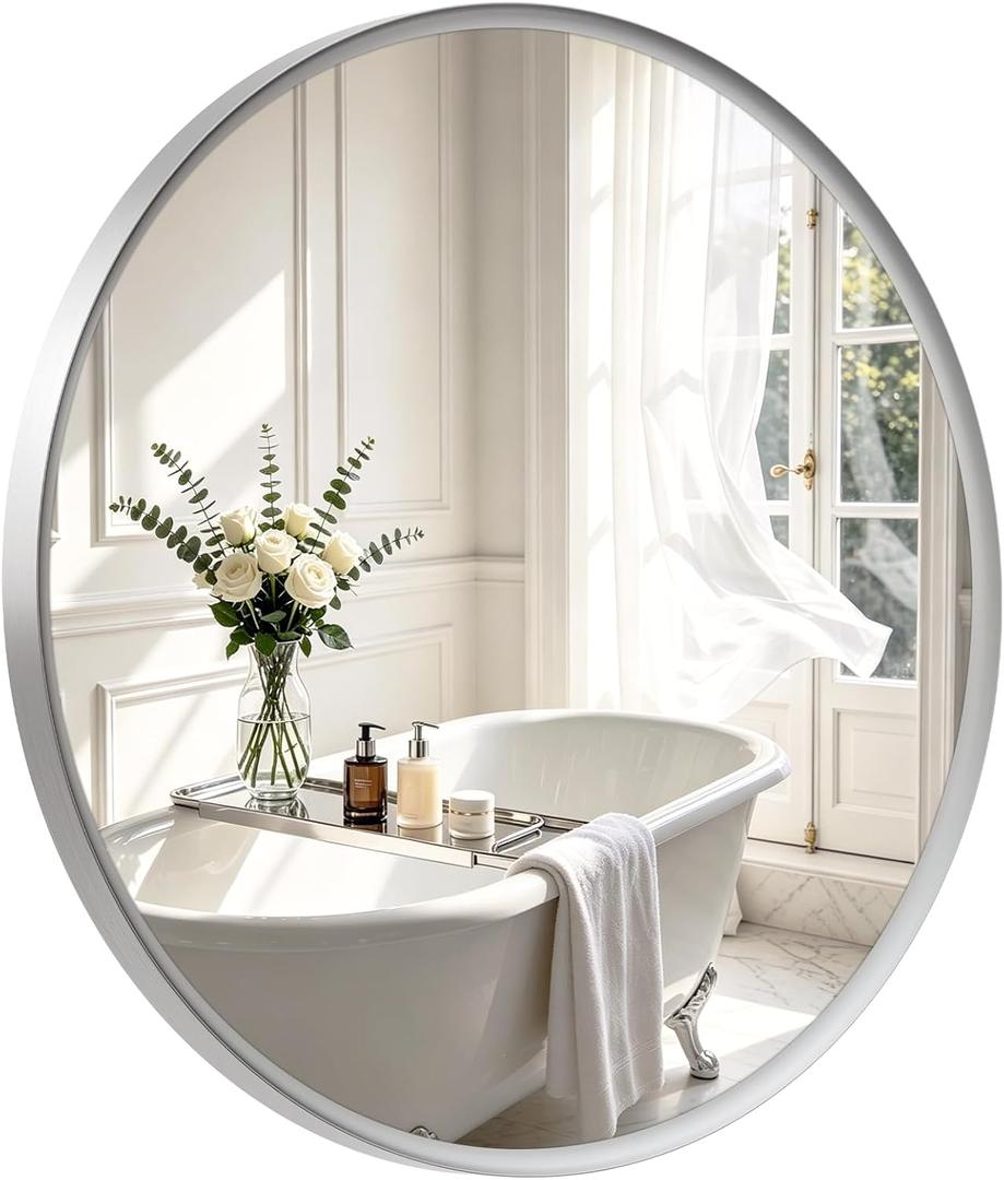 Round Bathroom Mirror 30 Inch Nickel Circle Mirror for Over Sink | Curved Inner-edge Brushed Nickel Frame, HD Clear Reflection, Anti-rust Aluminum Alloy, Easy Install for Bathroom Vanity