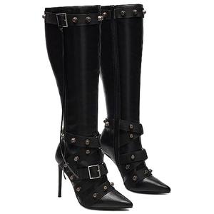VOMIRA Stiletto Boots for Women Knee High Boots Women Pointy Toe High Heels Side Zipper Buckle Revets Tassel Boots Sexy Ladies Dressy Party Black Boots