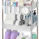 3 Tier Rolling Cart with Hanging Basket, Easy Assembly Acrylic Storage Carts with Lockable Wheels, Utility Cart Storage Organizer Serving for Office, Living Room, Kitchen, Bathroom