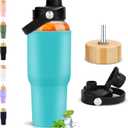PROBTTL 40 oz Glass Tumbler with Handle - Sports Clear Borosilicate Glass Water Bottle with Straw, Silicone Sleeve, 2 Lids - Handle Spout & Bamboo Straw Lid, Fits Car Cup Holder, Leakproof (Aqua)