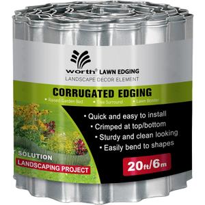 Worth Wide-Corrugated Galvanized Steel Landscape Edging, 6" x 20Ft Flexible Sturdy Lawn Garden Metal Edging Long Strips for Raised Flower Bed Tree Surrounds,Silver