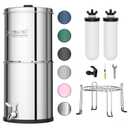 Purewell 3-Stage Gravity Fed Water Filter System, 2.25 Gallon Stainless Steel Countertop System with 2 Washable Ceramic Filters and Stand, Reduce up to 99% Chlorine, PW-OBT