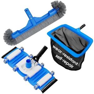 TidyMister 3-in-1 Pool Cleaning Kit Full Set - 18in Rounded End Pool Brush & Ergonomic Pool Vacuum Head with Wheels& Pool Nylon Net Fine Mesh for Above Ground In-ground Pools, Spas, Hot Tubs, Blue