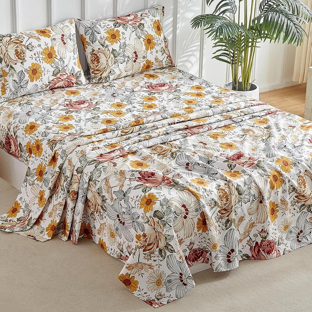 Tokokimo Floral Sheets Set King Size, 15 Inches Deep Pocket Fitted Sheet, Flat Sheet & Envelope Closure Pillowcases, Soft Breathable Microfiber Sheet Set 4-Piece, Colorful Floral