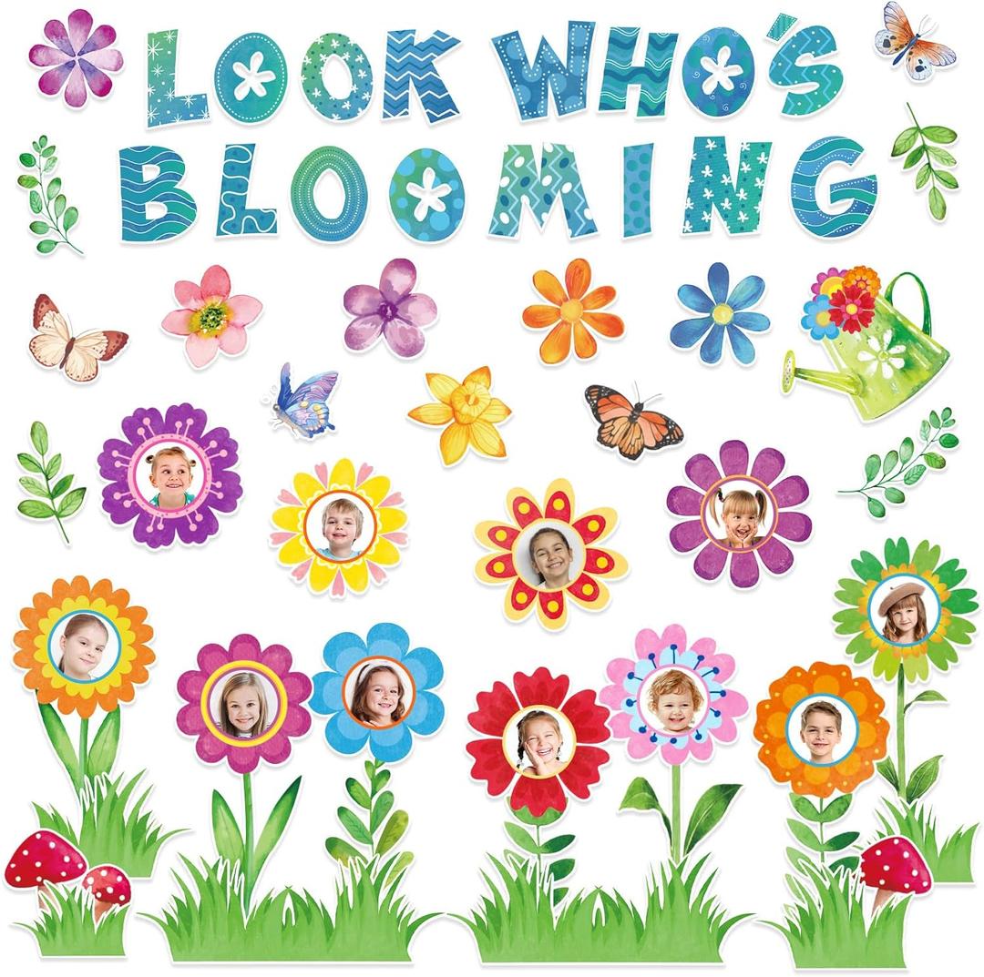 52Pcs Flower Bulletin Board Kit Spring Floral Paper Cutouts with 100Pcs Glue Points for Back to School Party Classroom Wall Decor Growth Mindset Photo Posting Party Supplies