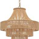 Wood Beaded Rattan Chandelier Boho Hand Woven Pendant Light 6-Lights Adjustable Coastal Pendant Lighting Fixtures for Dining Living Room Kitchen Hallway, Dia 20, UL Listed