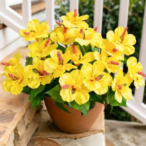 HyeFlora Artificial Flowers for Outdoors Faux Plants, 4 Bundles Hibiscus Fake Outdoor Flowers UV Resistant Realistic Tropical Silk Flower for Outside Planter Porch Patio Garden Window Home, Yellow
