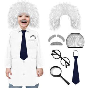 9 Pcs Kids Mad Scientist Costume Albert Einstein Costume with Wig 100th Day of School Old Man for 5-14 Years (X-Large)