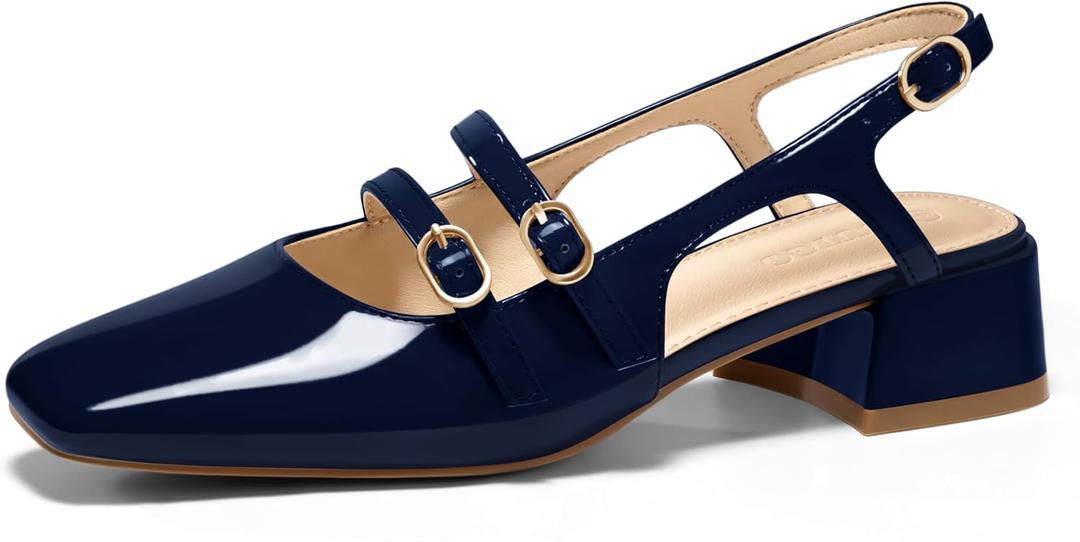 Coutgo Women's Mary Jane Chunky Low Heels Slingback Pumps Closed Square Toe Wedding Dress Shoes (7, Navy)