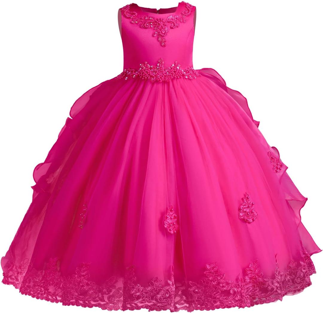 Flower Girls Dresses for Wedding Vintage Floral Lace Princess Long Dress Kids Beaded Embroidered Floral Bridesmaid Pageant Dress Puffy Evening Prom Formal Dance Party Maxi Gown Hot Pink 4-5 Years
