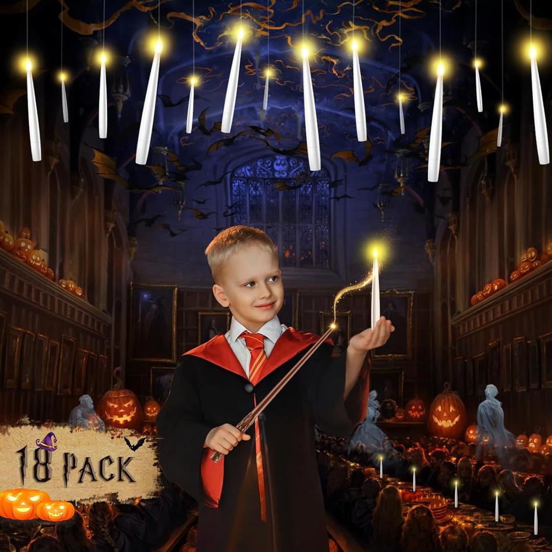 TLPUHU Christmas Floating Candles 18 Pcs - Magical Flameless Candles with Wand Flickering Warm Lights Ideal for Indoor Window Bedroom Christmas Cosplay Birthday Theme Party Decor