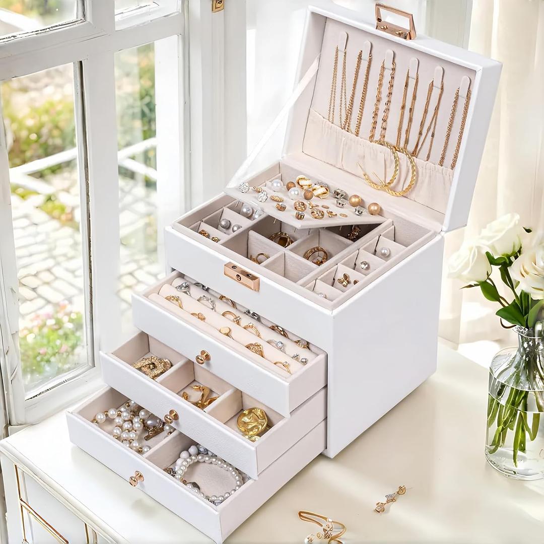 Leather Jewelry Box with Lock for Women, 4-Tier 3-Drawer Jewelry Organizer, Large Capacity Vanity Storage Case for Earrings Rings Necklaces, Gift for Her (White)