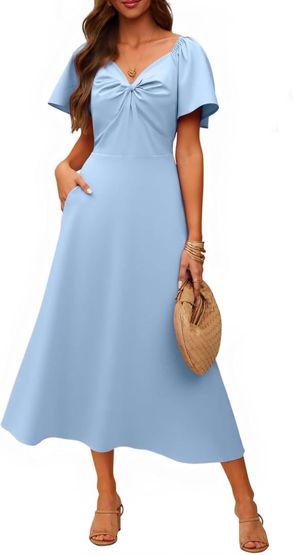 ECOWISH Women's Summer Maxi Dresses: 2026 Casual Flutter Short Sleeve Twist Front Long Flowy Wedding Guest Dress with Pockets (Large, 482sky Blue)