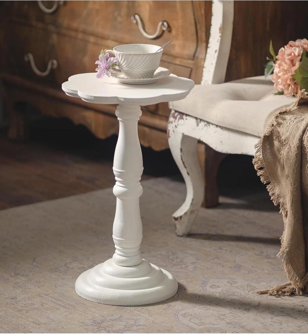 SOFE White Round Small Pedestal Side Table 19" Tall, Wooden Drink Tables for Small Spaces with Floral Shape Tabletop, Modern Accent Side Table, Living Room End Tables for Martini and Cocktail