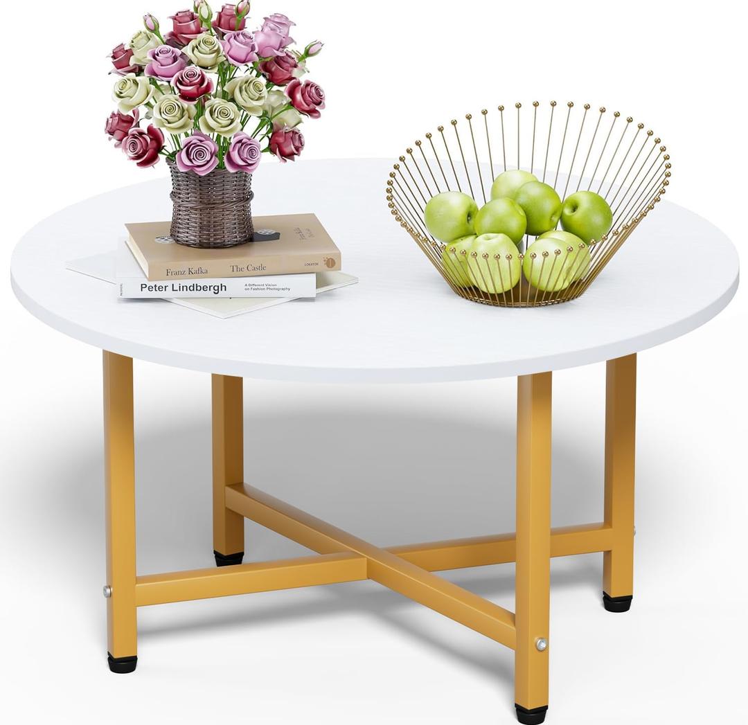 Coffee Table, 23.6" Round Coffee Table, White & Gold Leg Living Room Tables