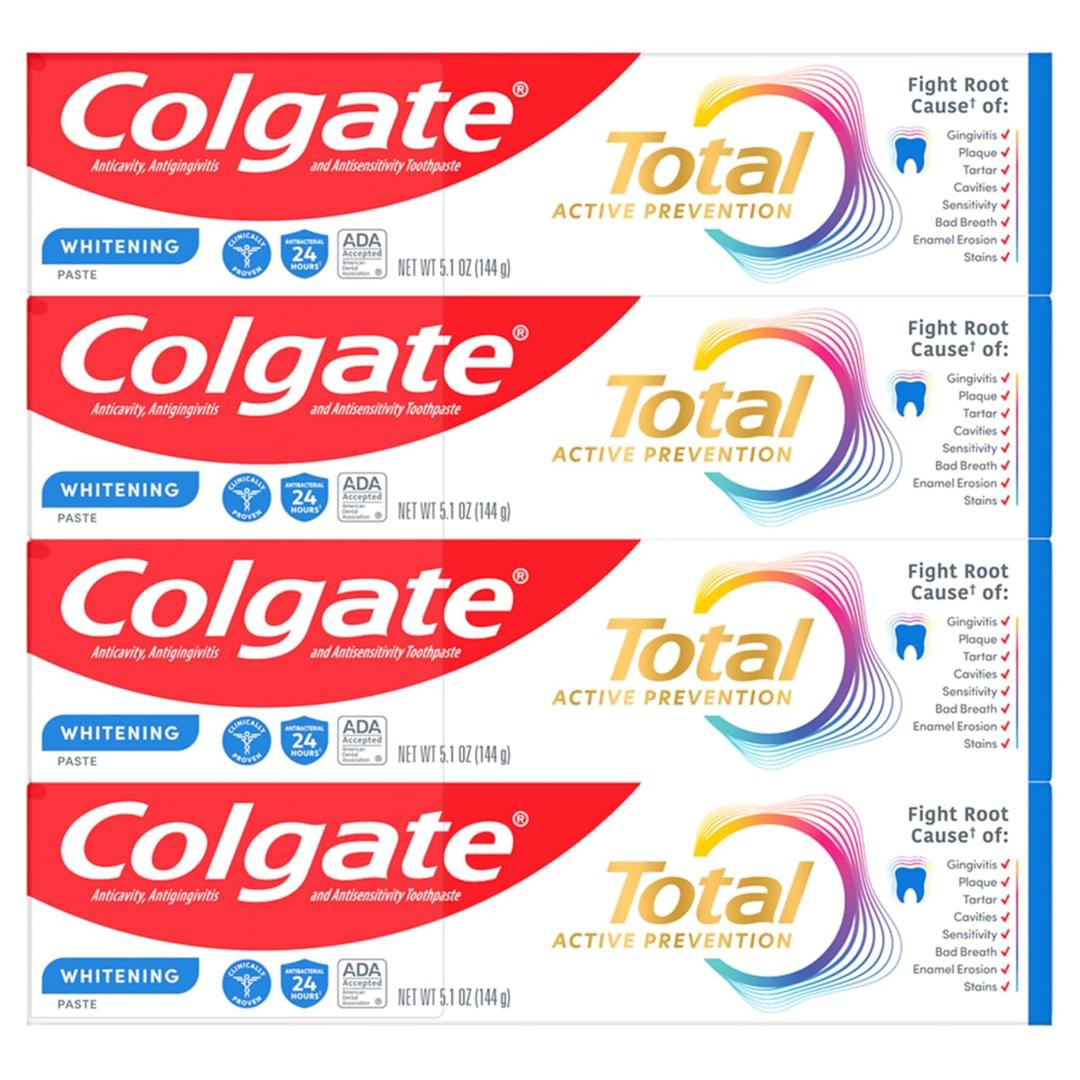 Colgate Total Whitening Toothpaste Paste, 5.1 oz, 4 Pack, Fluoride, Antibacterial, for Plaque, Gingivitis, Sensitivity, Stain Removal, Clinically Proven, Mint, Teeth Whitening, Stannous Fluoride, BB March 2027