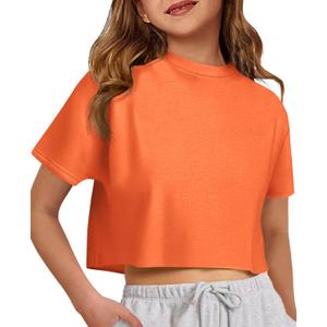 ZDC Girls Athletic Oversized Crop Tops Kids Drop Shoulder Short Sleeve T Shirts Workout Tees 9-10 Years Orange