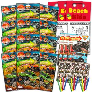 Monster Jam Party Favors Set - Bundle with 12 Monster Truck Play Packs with Coloring Pages, Stickers, Loot Bags, and More Birthday Party Supplies