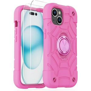 KCJ Compatible with iPhone 15 Plus Case/iPhone 14 Plus Case with[2Screen Protectors+1xLens Protector] Soft Silicone+Hard PC Full Body Protection Heavy Duty Phone Case 6.7 inch Pink