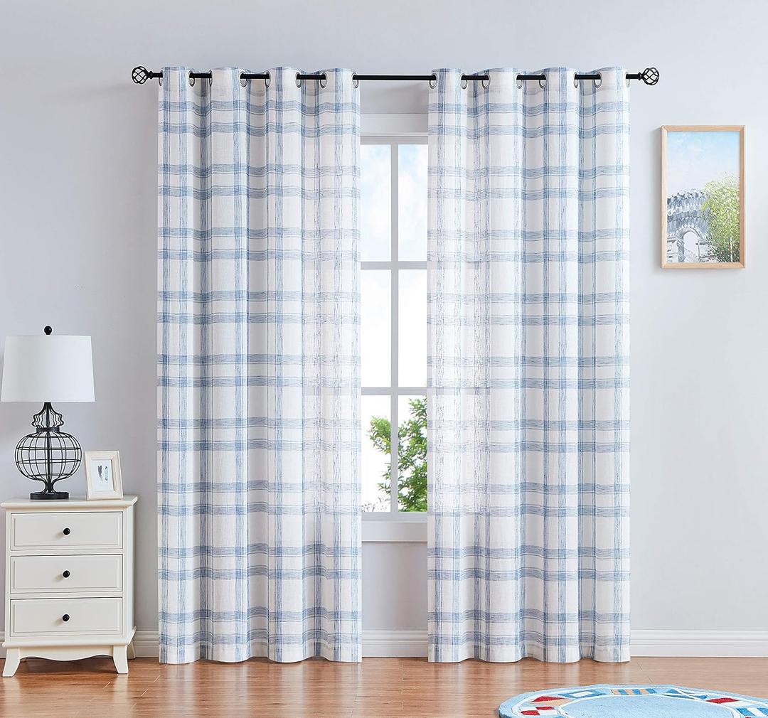 Randall Linen Window Curtain Panel Pairs for Living Room 84" Long Geometric Check Grommets Top Semi Sheer Window Treatment Heavy Rustic Farmhouse Style Drapes for Bedroom 54"x84"x2, Blue White
