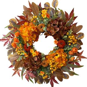 Fall Wreaths for Front Door, 24 Inch Orange Autumn Door Wreath with Hydrangea and Velvet Pumpkins, Indoor Outdoor Fall Decorations for Home Thanksgiving Harvest Table Centerpiece Fall Decor