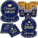 2026 Graduation Decorations Party Supplies-Graduation Plates and Napkins,Navy Blue Graduation Decorations 2026 Tableware Class Of 2026 Grad Paper Plates and Napkins for Congrats Grad Party
