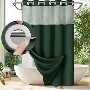 YellyHommy No Hook Shower Curtain with Snap in Liner Set Less Time Dark Green Waffle Shower Curtain for Bathroom 75" L x 72" W