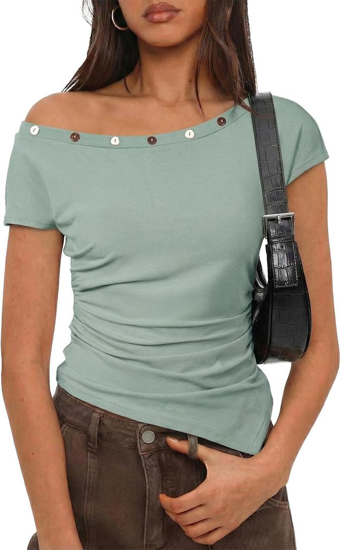 SHEWIN Women Off Shoulder Tops Summer Going Out Shirts Dressy Casual 2026 (L)