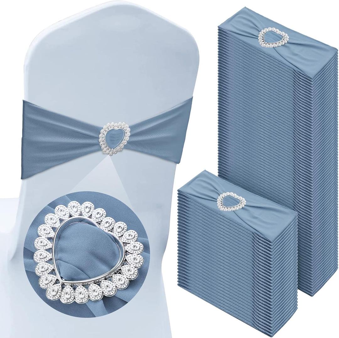 VitalCozy 100 Pcs Spandex Chair Sashes with Heart Shaped Buckle Slider Stretch Chair Cover Band Universal Elastic Ties for Wedding Banquet Event Party Decoration(Dusty Blue)